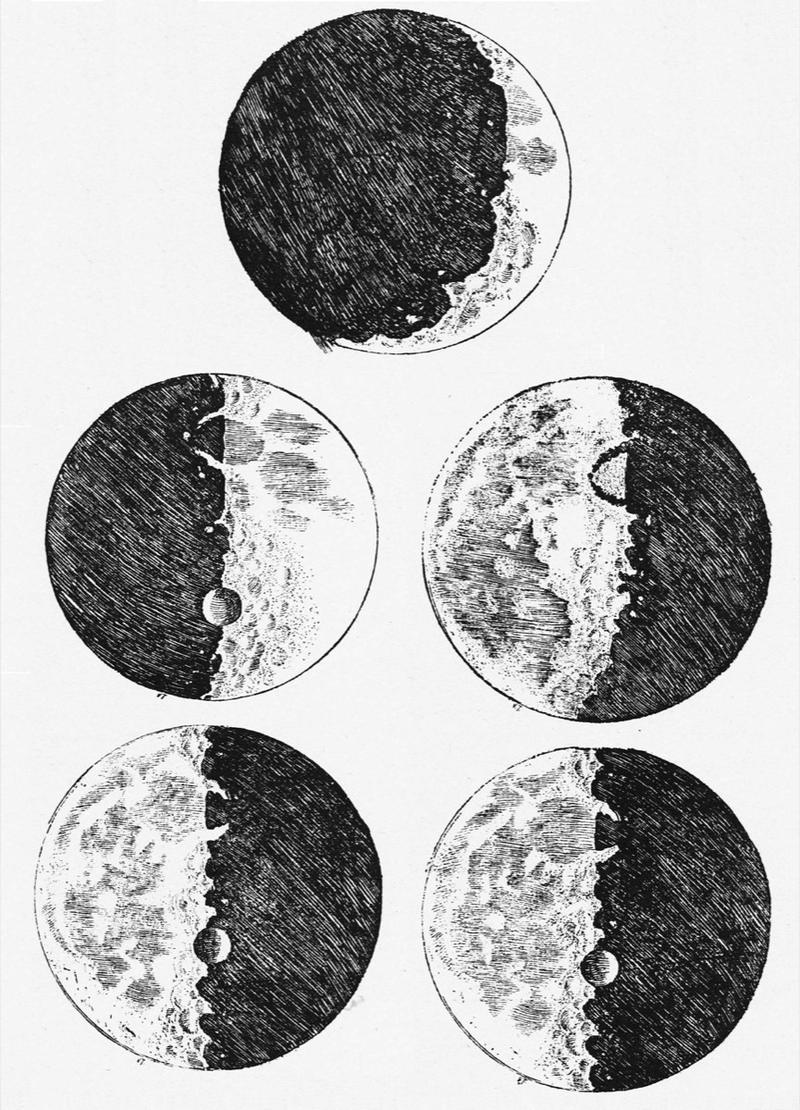 Cinco dibujos a tinta de la Luna en distintas fases, con cráteres y sombras.
